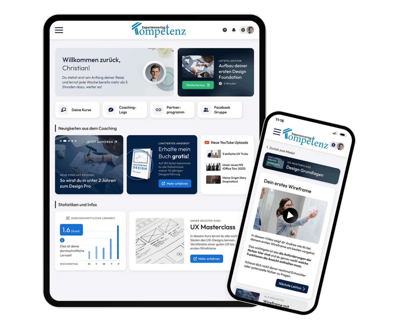 Tablet und Smartphone mit ge&ouml;ffnetem Startscreen der Lernplattform von Kompetenz &ndash; Der Expertenverlag