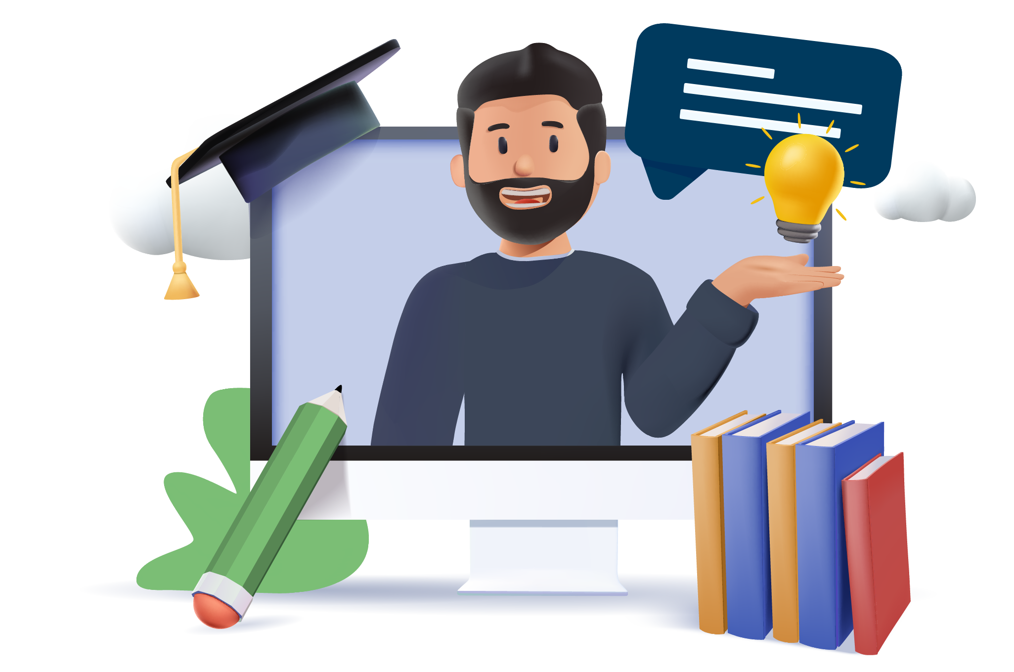 Illustration Lernkonzept Blended Learning: Person, welche auf einem Bildschirm herauskommt, daneben B&uuml;cher und ein Stift